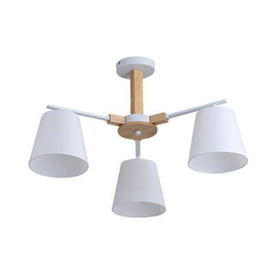 Modern Wood Ceiling Pendant with Tapered Fabric Shade - Available with 3/6 Heads for Living Room Chandelier Lighting