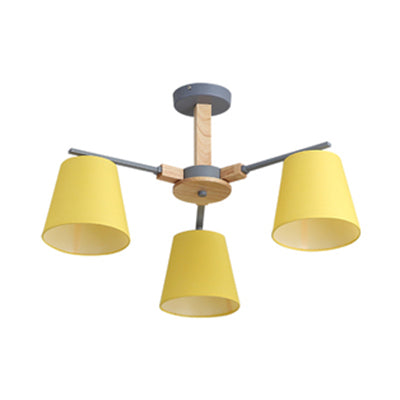 Modern Wood Ceiling Pendant with Tapered Fabric Shade - Available with 3/6 Heads for Living Room Chandelier Lighting