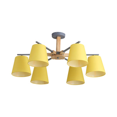 Modern Wood Ceiling Pendant with Tapered Fabric Shade - Available with 3/6 Heads for Living Room Chandelier Lighting