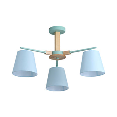 Modern Wood Ceiling Pendant with Tapered Fabric Shade - Available with 3/6 Heads for Living Room Chandelier Lighting