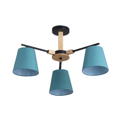 Modern Wood Ceiling Pendant with Tapered Fabric Shade - Available with 3/6 Heads for Living Room Chandelier Lighting