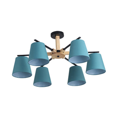 Modern Wood Ceiling Pendant with Tapered Fabric Shade - Available with 3/6 Heads for Living Room Chandelier Lighting