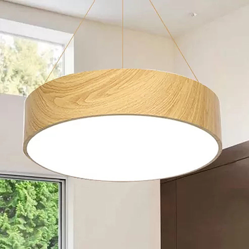 Simplicity Led Suspension Light With Wood Effect Shade Beige Hanging Lamp - 16/19.5/23.5 Wide