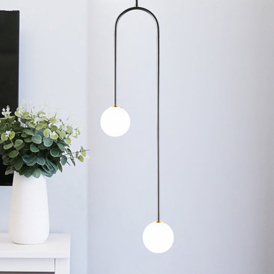 Black/Gold Ball Cluster Pendant Post-Modernist 2 Lights White Glass Led Ceiling Light Fixture with Bend Rod