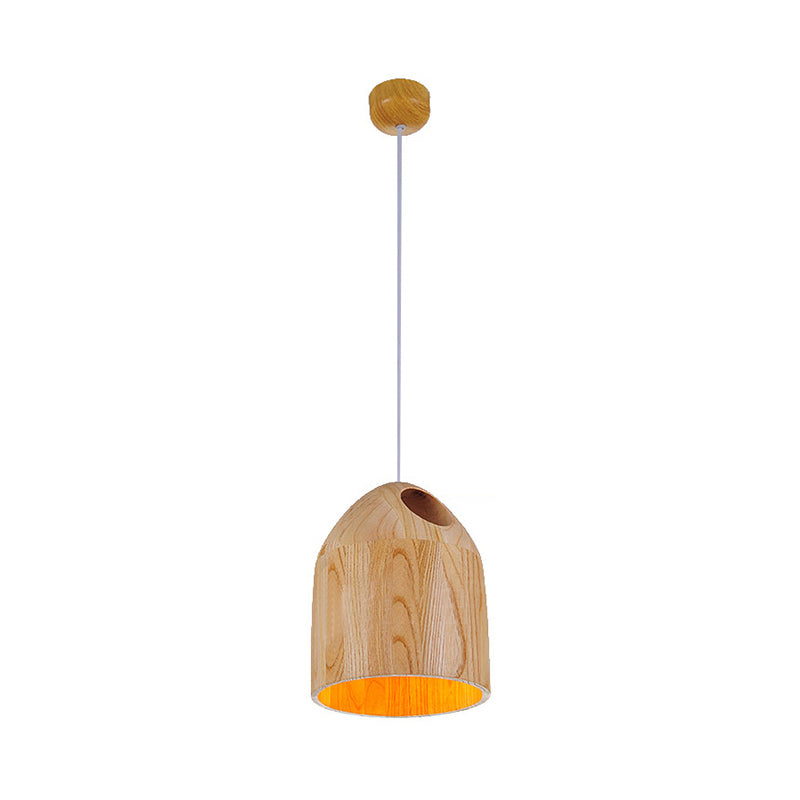 Contemporary Japanese Style Wood Bell Pendant - Beige Ceiling Light With Adjustable Cord- 1-Light