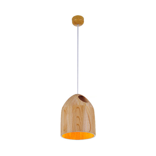 Contemporary Japanese Style Wood Bell Pendant - Beige Ceiling Light With Adjustable Cord- 1-Light