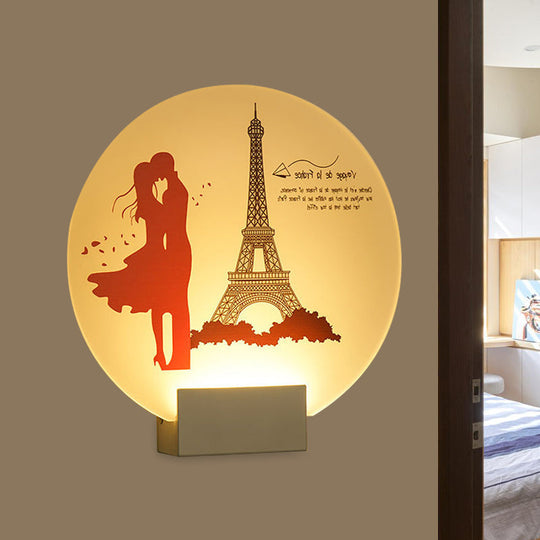 Asia Style Led Acrylic Wall Mural Lamp: Romantic Couple Lighting For Wedding Room - White Circular