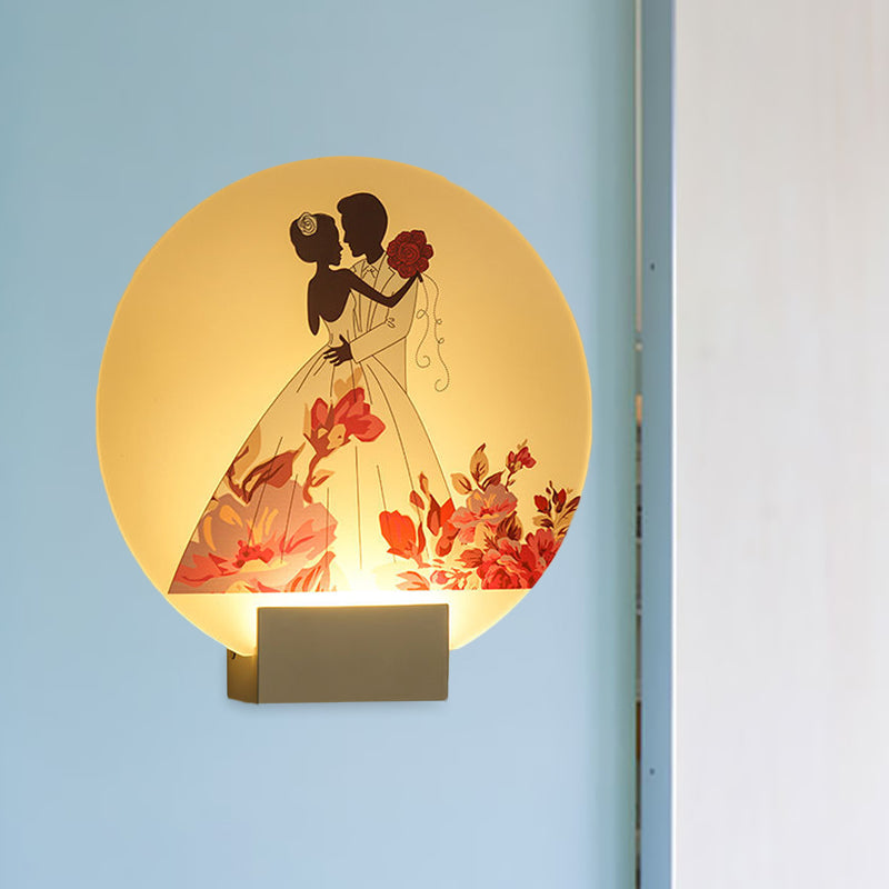 Asia Style Led Acrylic Wall Mural Lamp: Romantic Couple Lighting For Wedding Room - White Circular