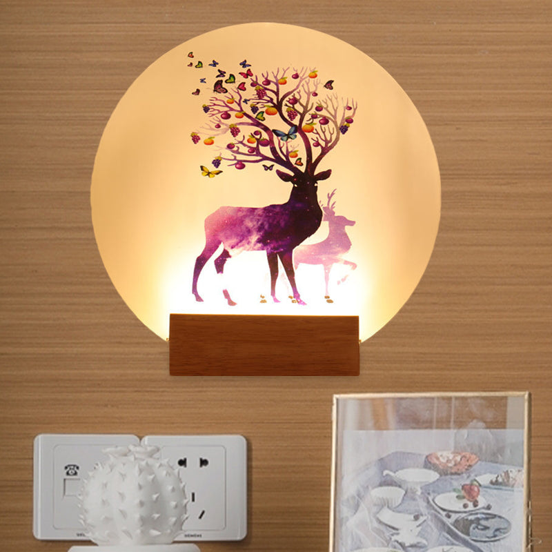 Chinese Style Led Wood Wall Lamp - Acrylic Circular Elk Patterned Mural Light For Bedroom