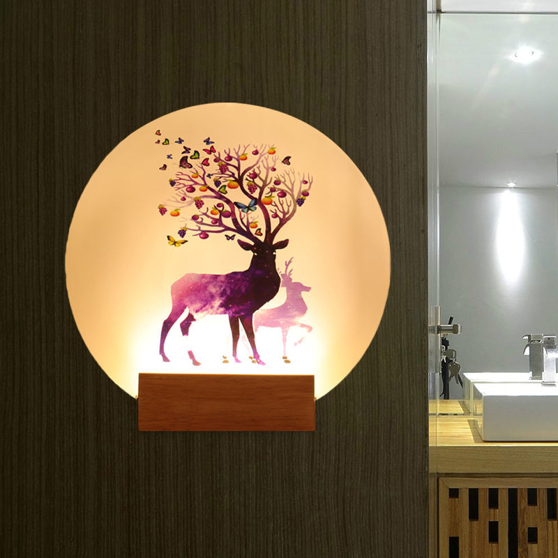 Chinese Style Led Wood Wall Lamp - Acrylic Circular Elk Patterned Mural Light For Bedroom