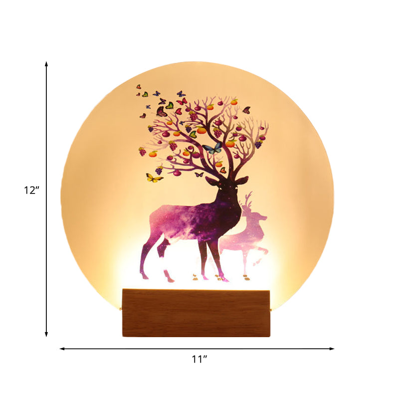 Chinese Style Led Wood Wall Lamp - Acrylic Circular Elk Patterned Mural Light For Bedroom