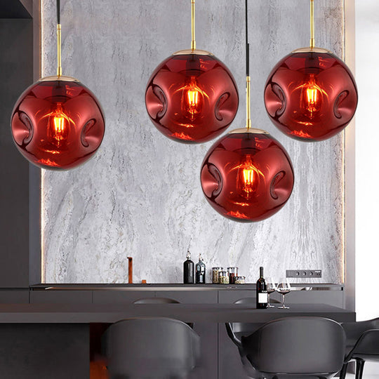 Modern 1 Bulb Pendant Light With Concave Glass Shade - Silver/Red Hanging Fixture For Restaurants