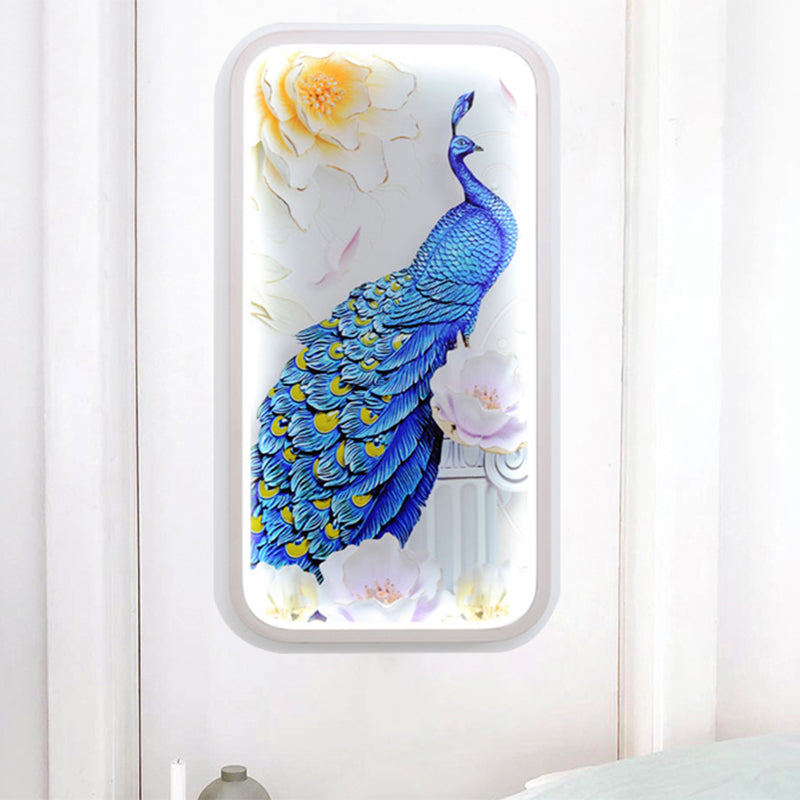 Led Peacock Mural Light Fixture - Oriental Rectangle Acrylic White