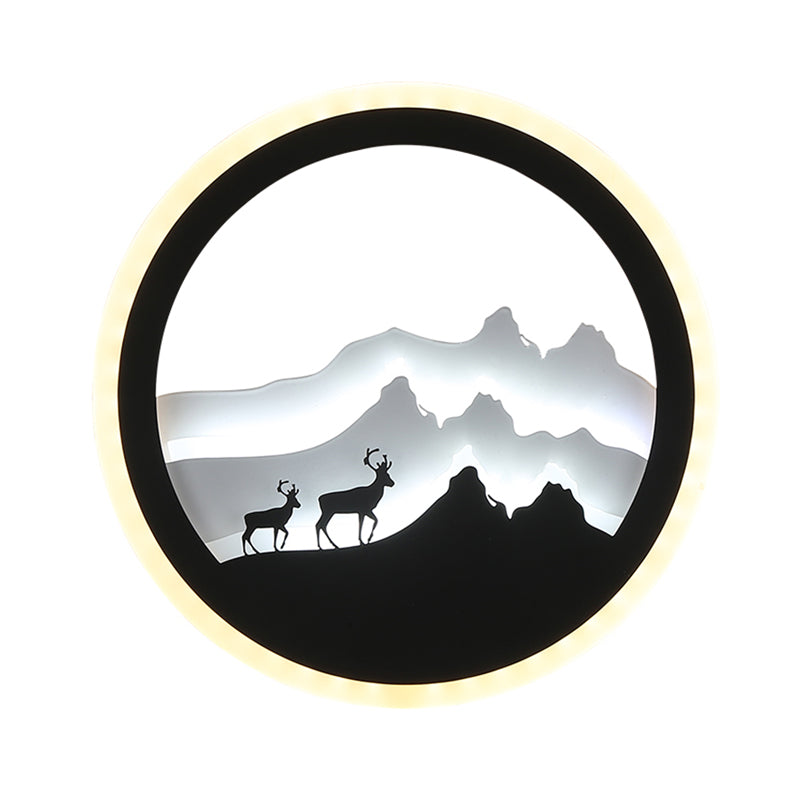 Chinese Acrylic Round Wall Light With Led-Illuminated Deer And Mountain Mural In Black White