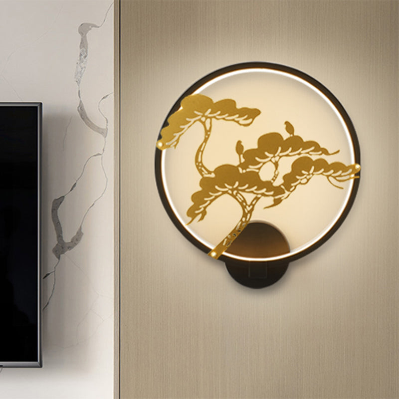 Chinese Style Led Wall Mural Lamp - Metal Black/White Circular Pine Tree Patterned Lighting