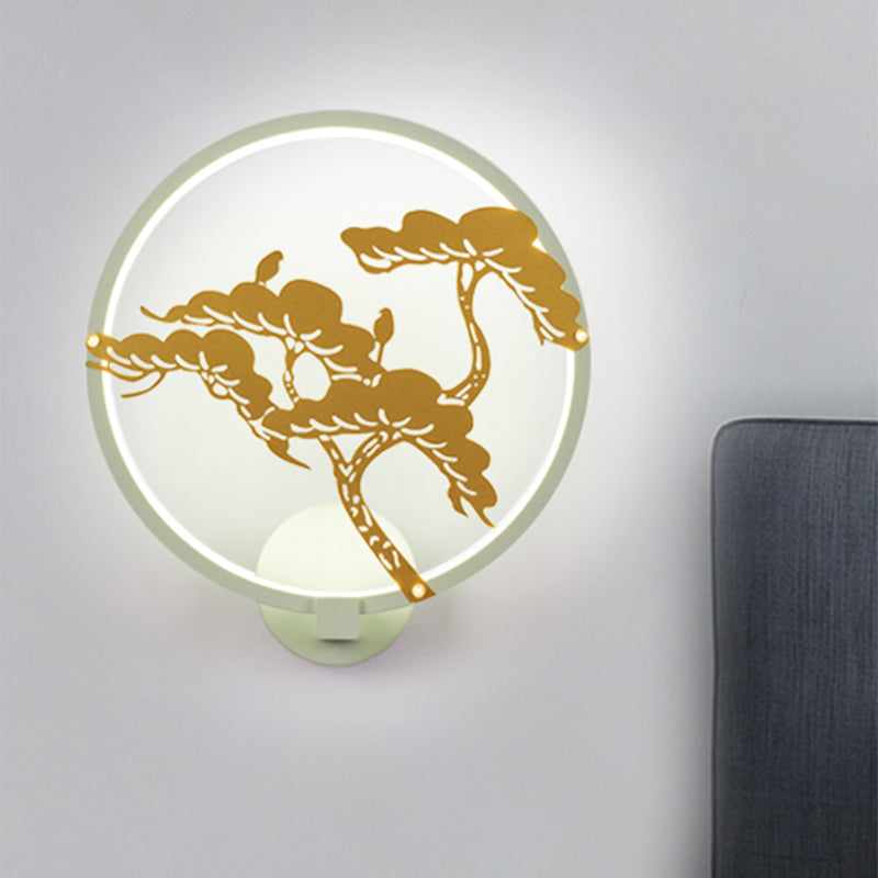 Chinese Style Led Wall Mural Lamp - Metal Black/White Circular Pine Tree Patterned Lighting White