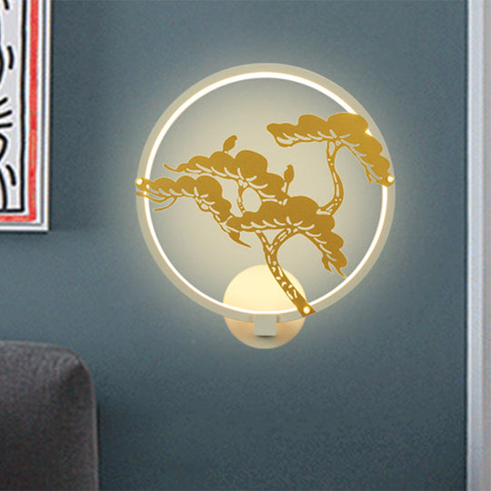 Chinese Style Led Wall Mural Lamp - Metal Black/White Circular Pine Tree Patterned Lighting