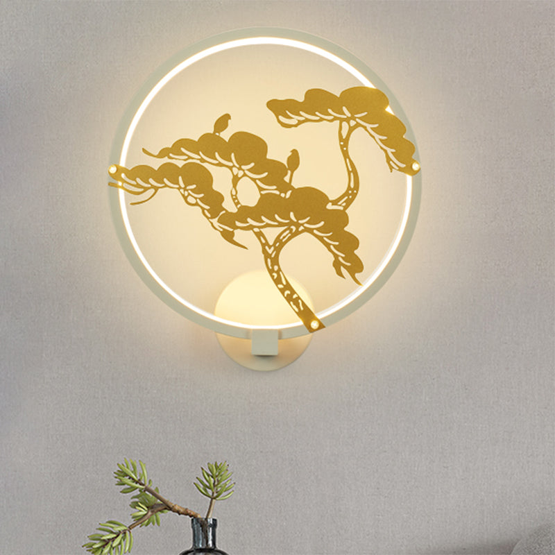 Chinese Style Led Wall Mural Lamp - Metal Black/White Circular Pine Tree Patterned Lighting