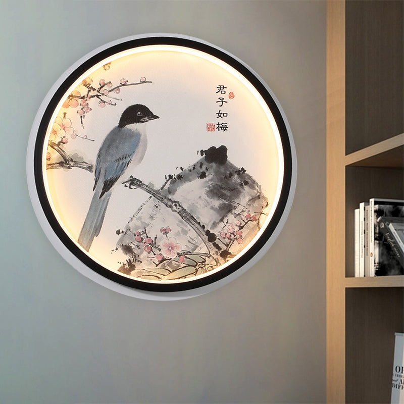 Oriental Circular Metallic Mural Lamp Led Wall Light In Black With Blossom/Bird Pattern / C