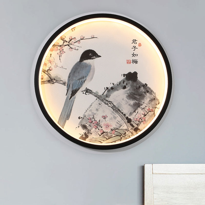 Oriental Circular Metallic Mural Lamp Led Wall Light In Black With Blossom/Bird Pattern