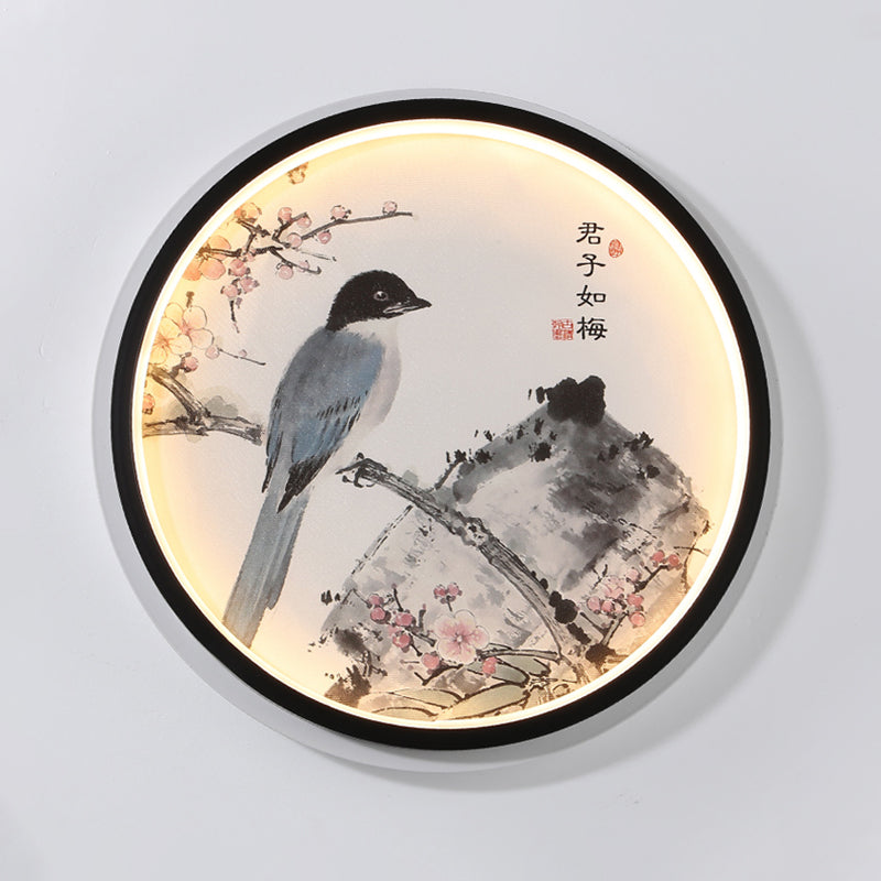 Oriental Circular Metallic Mural Lamp Led Wall Light In Black With Blossom/Bird Pattern