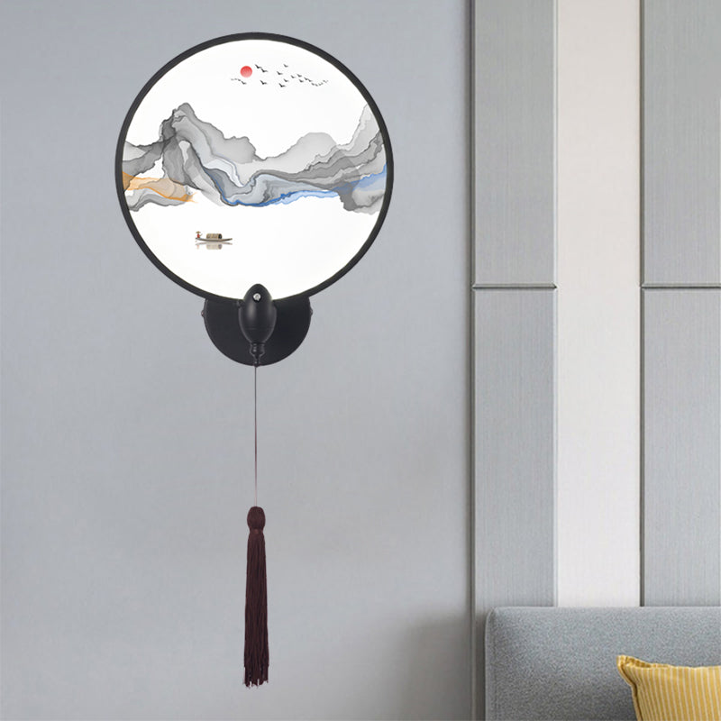 Chinese Style Led Wall Mural Light With Acrylic Shade For Bedroom Decor - Black Mountain Design