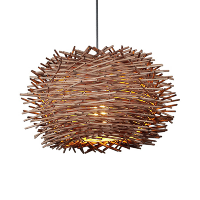 Farmhouse Single Light Luminaire: Rustic Wood Bird Nest Hanging In Brown/Wood For Cafes &