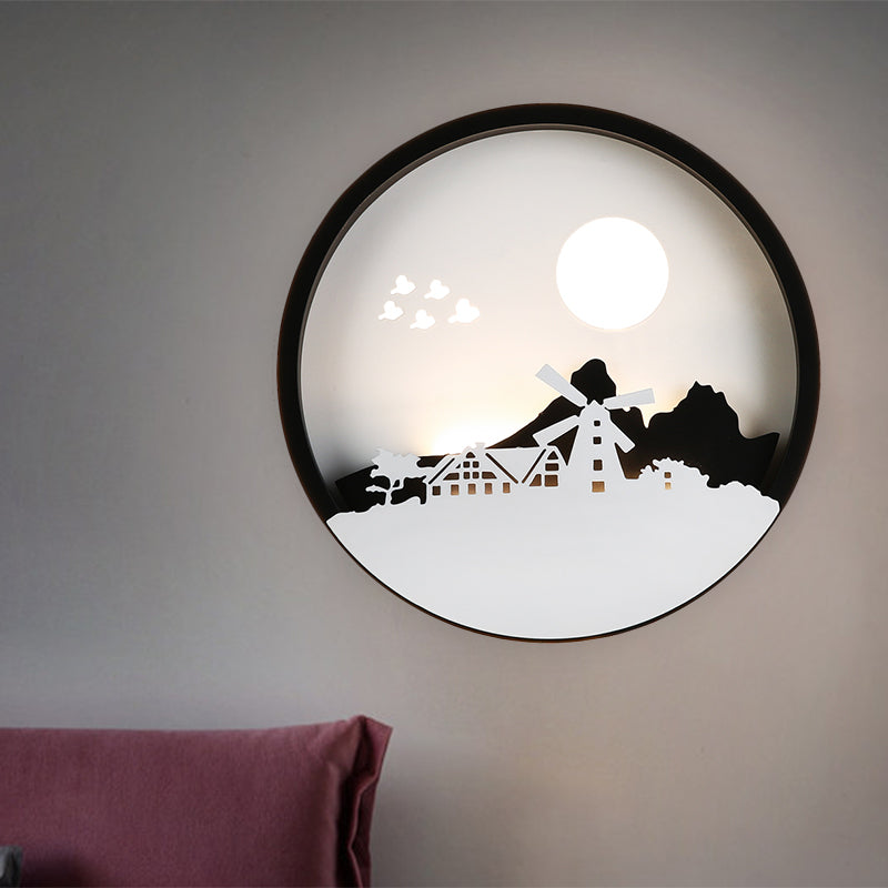 Contemporary Black Led Wall Mounted Lamp For Guest Room - Round House Metallic Mural Light