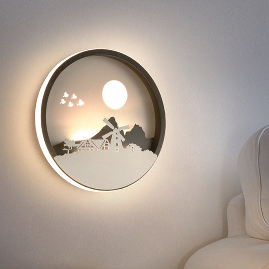 Contemporary Black Led Wall Mounted Lamp For Guest Room - Round House Metallic Mural Light