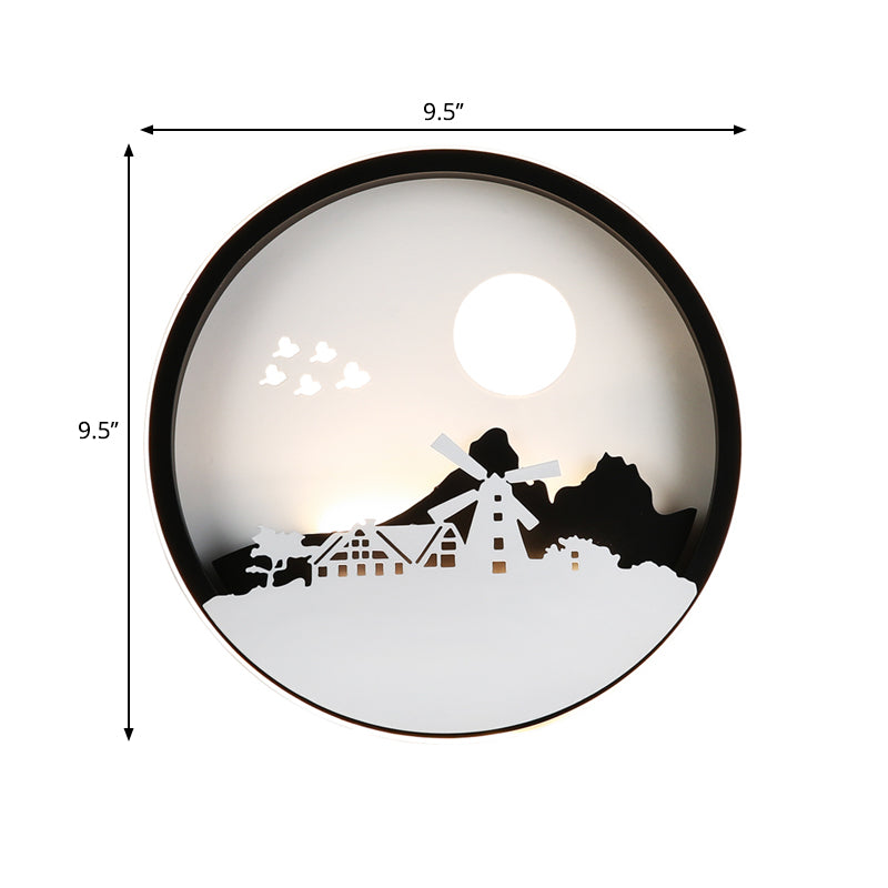 Contemporary Black Led Wall Mounted Lamp For Guest Room - Round House Metallic Mural Light