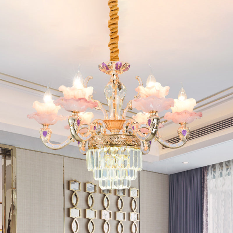 Contemporary Pink Glass Pendant Chandelier With Tiered Crystal Bottom - 6 Lights 2-Layer Ruffle