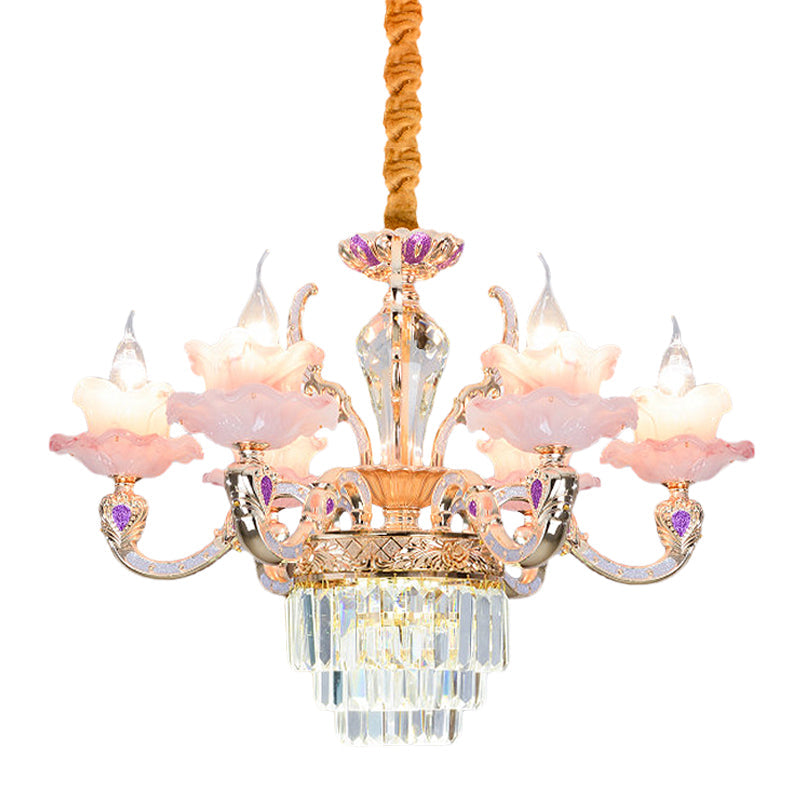 Contemporary Pink Glass Pendant Chandelier With Tiered Crystal Bottom - 6 Lights 2-Layer Ruffle