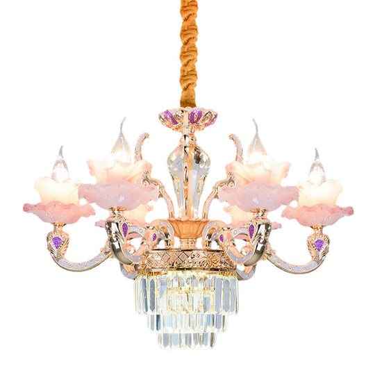 Contemporary Pink Glass Pendant Chandelier With Tiered Crystal Bottom - 6 Lights 2-Layer Ruffle