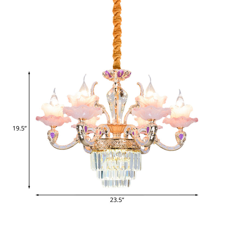 Contemporary Pink Glass Pendant Chandelier With Tiered Crystal Bottom - 6 Lights 2-Layer Ruffle