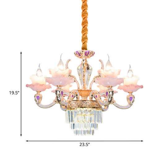 Contemporary Pink Glass Pendant Chandelier With Tiered Crystal Bottom - 6 Lights 2-Layer Ruffle