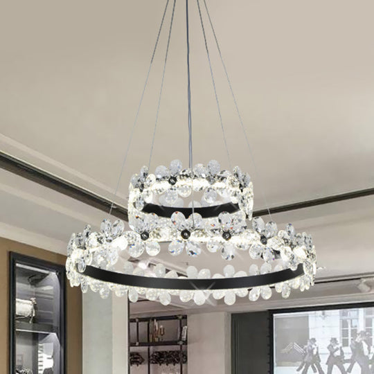 Minimalistic Black Crystal Flower Led Chandelier - 1/2-Tier Hoop Hanging Light Kit For Living Room /