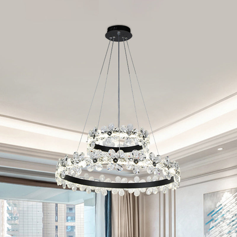 Minimalistic Black Crystal Flower Led Chandelier - 1/2-Tier Hoop Hanging Light Kit For Living Room