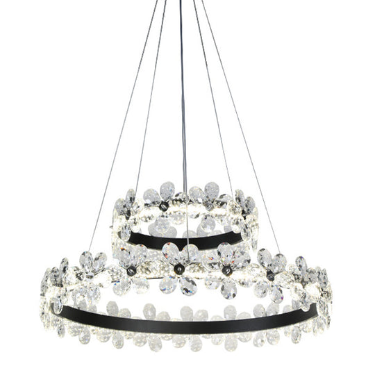 Minimalistic Black Crystal Flower Led Chandelier - 1/2-Tier Hoop Hanging Light Kit For Living Room