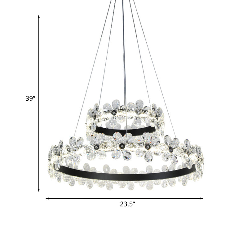 Minimalistic Black Crystal Flower Led Chandelier - 1/2-Tier Hoop Hanging Light Kit For Living Room