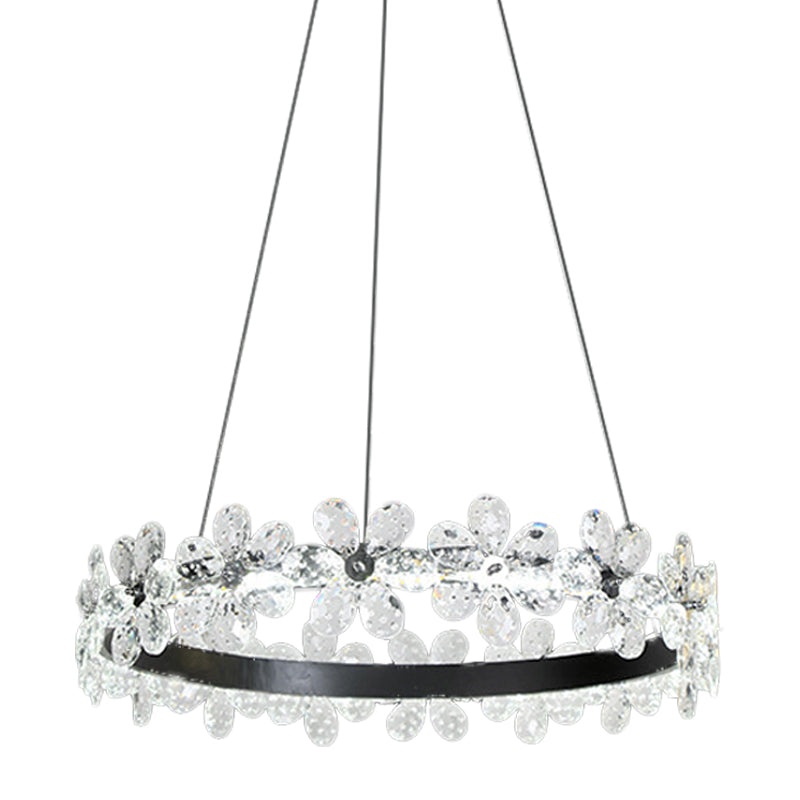 Minimalistic Black Crystal Flower LED Chandelier Lighting - Living Room Hoop Hanging Light Kit