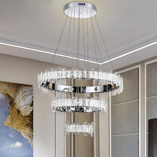 Contemporary Led Crystal Chandelier - 3-Tiered Circle Pendant Light With Embedded Chrome