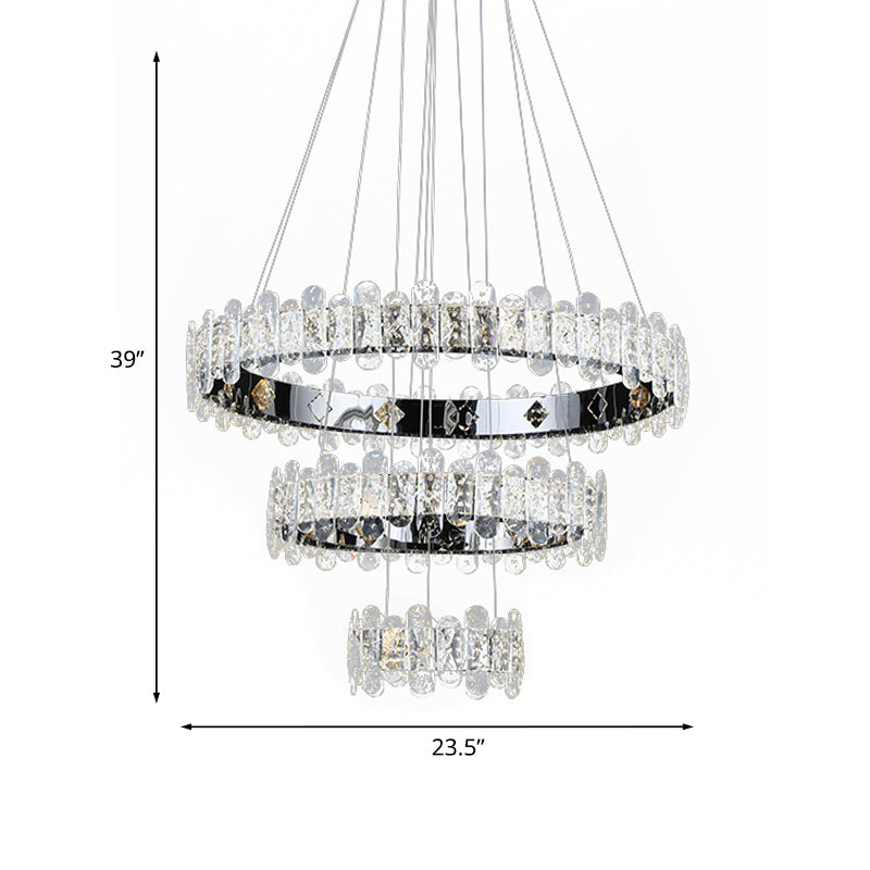 Contemporary Led Crystal Chandelier - 3-Tiered Circle Pendant Light With Embedded Chrome