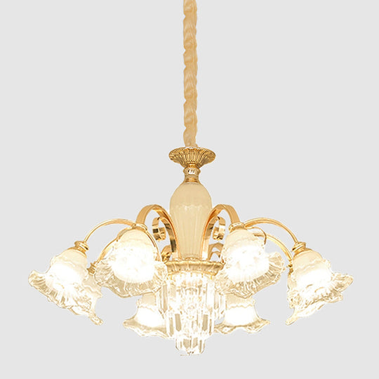 Modern Gold 8-Light Ceiling Pendant With Clear And Frosted Glass Flower Chandelier & Crystal Accent