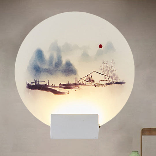 White Mountain Led Wall Light With Oriental Style Circular Mural / A