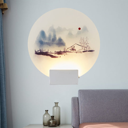 White Mountain Led Wall Light With Oriental Style Circular Mural