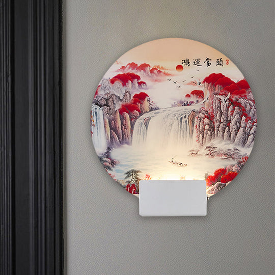 White Mountain Led Wall Light With Oriental Style Circular Mural