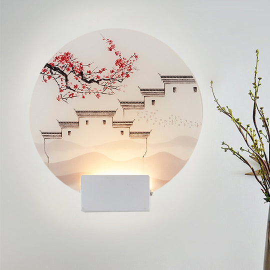 White Mountain Led Wall Light With Oriental Style Circular Mural / C