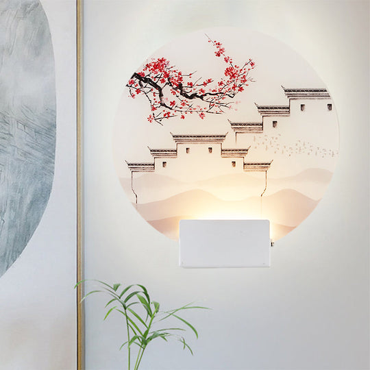 White Mountain Led Wall Light With Oriental Style Circular Mural