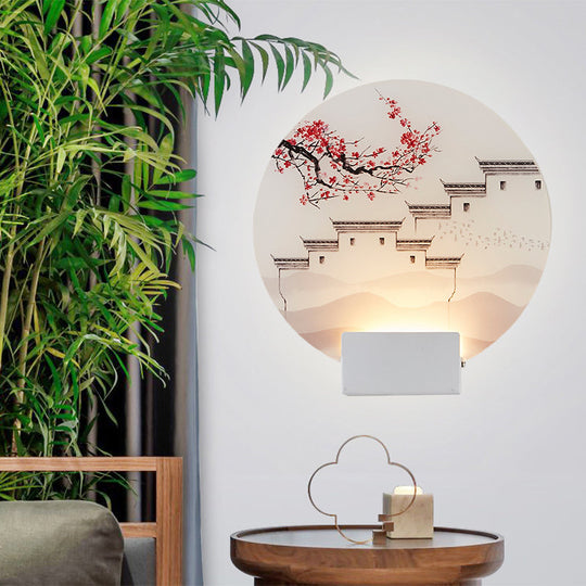 White Mountain Led Wall Light With Oriental Style Circular Mural