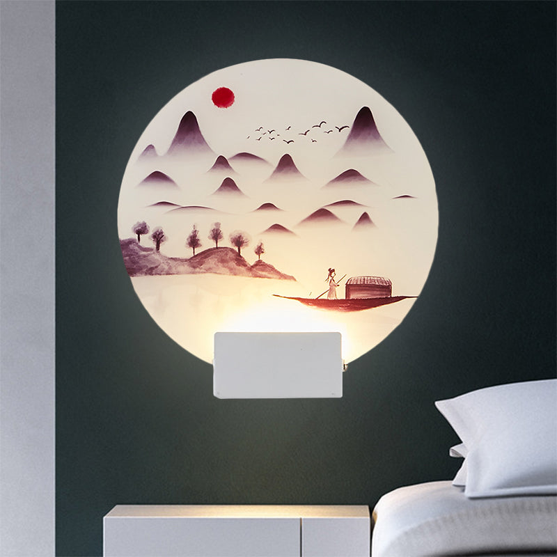 White Mountain Led Wall Light With Oriental Style Circular Mural